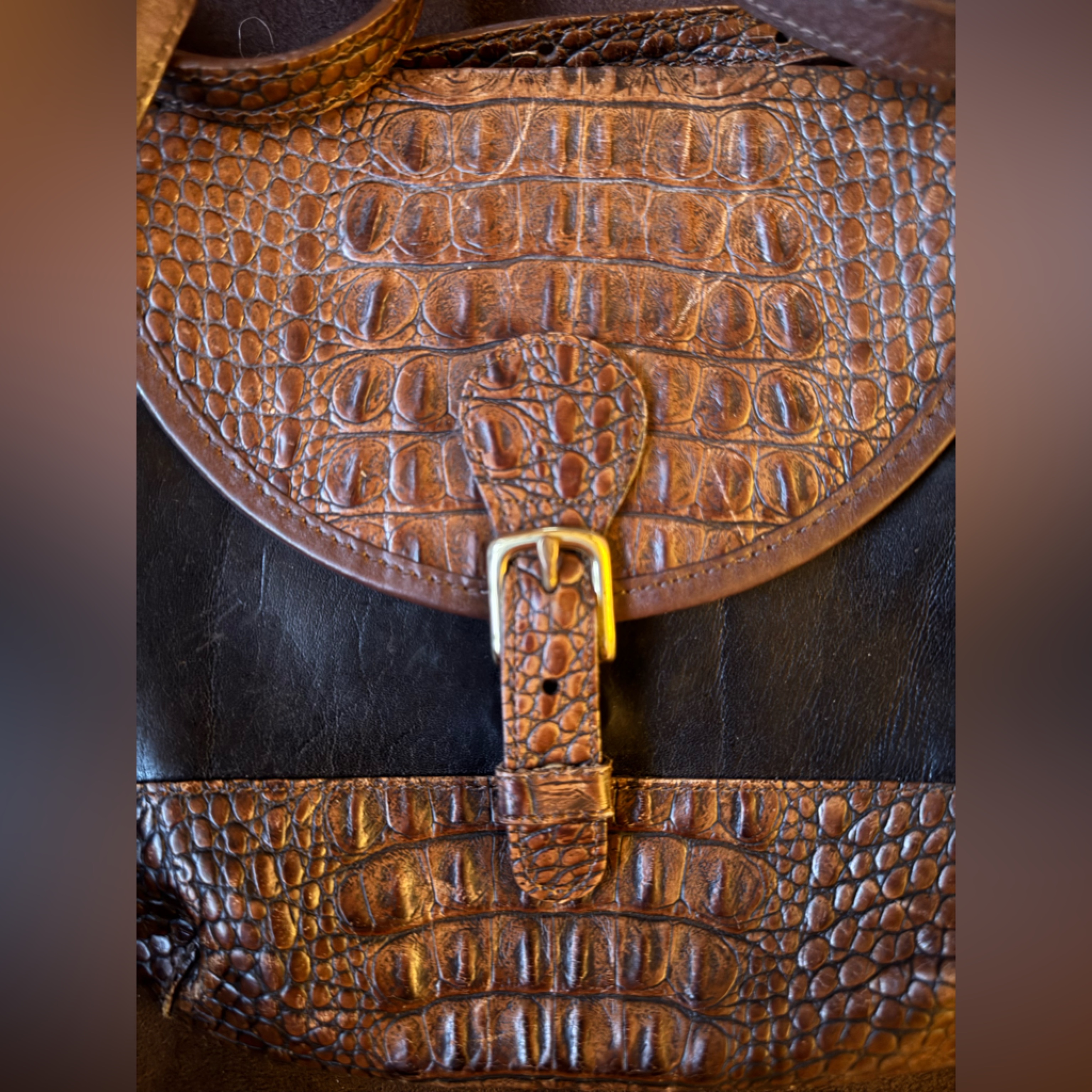 Brahmin Brown Croc-Embossed Leather Crossbody Bag With Black Panel